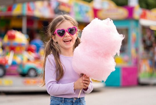 Happy little girl with pink cotton candy at a funfair