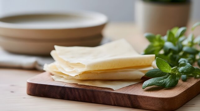 Stack of thin  translucent food wraps on a wooden cutting board beside fresh green herbs  with blurred ceramic bowls in the background