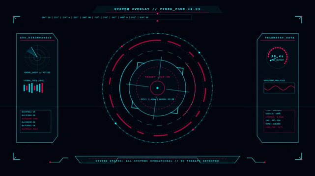 Futuristic HUD cyber core system overlay with rotating radar and telemetry data