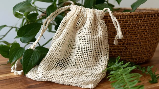 A beige drawstring mesh bag rests beside a woven basket and green plants on a wooden surface