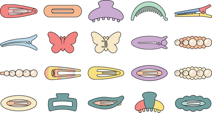 Various Hair Clips and Barrettes in Pastel Colors Vector Illustration Isolated on White