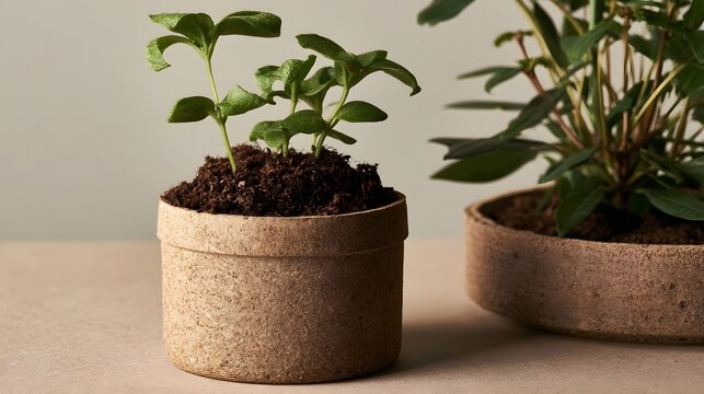 Two potted plants with young green seedlings in textured brown pots on a neutral surface  one in focus  one blurred in background