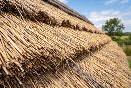 Closeup of a traditional thatched roof made of dried straw