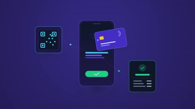 Secure mobile digital payment interface with smartphone credit card and qr code scan verification process showing online financial transaction for business