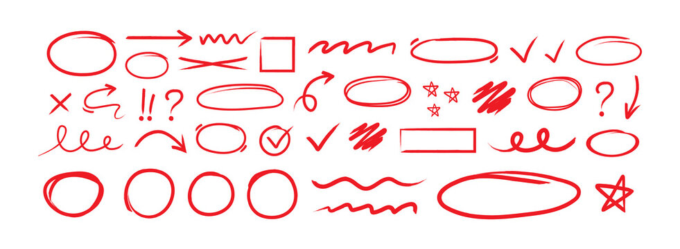 Set of Line pen red highlight arrow. Line pen hand drawn marker stroke red underline, check mark, emphasis. Arrow, star, round frame marker scribble stroke icon elements, PNG.