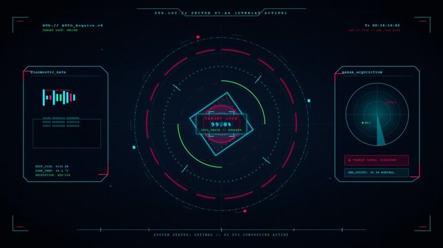 Futuristic HUD interface with spinning radar and target lock data display