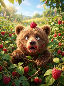 Cute brown bear cub eating raspberries in a sunny summer meadow.