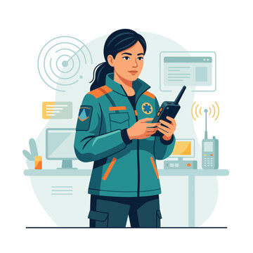 Female Emergency Responder with Radio Communicating in Control Center