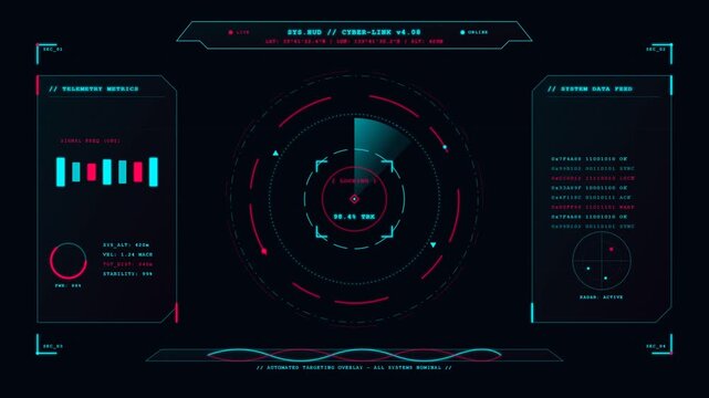 Futuristic HUD interface with spinning radar and telemetry data monitoring