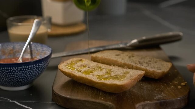 Anonymous crop female transgender pouring olive oil on bread slices while preparing sandwich for breakfast at kitchen counter