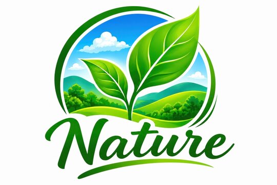 Green leaf nature logo design with landscape scene