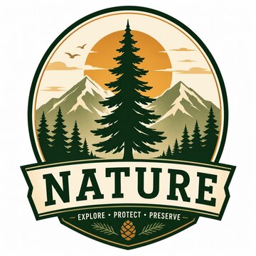 Vintage nature badge with pine tree mountains and sun illustration