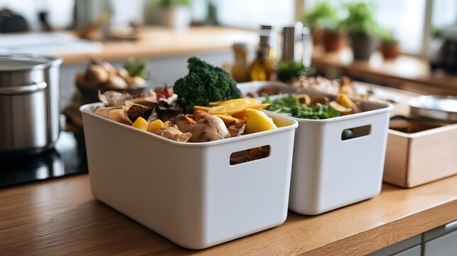 Two white bins filled with kitchen scraps like broccoli  potato peels  and citrus on a wooden countertop