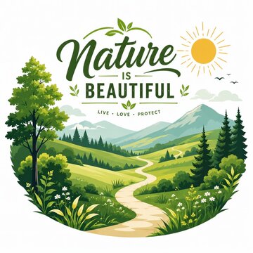 Nature is beautiful badge with a green mountain forest landscape