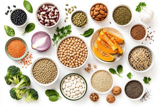 Assorted bowls of healthy grains legumes and vegetables on a table