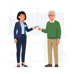 Fototapeta premium Friendly Interaction: Woman in Business Attire Hands Card to Elderly Man