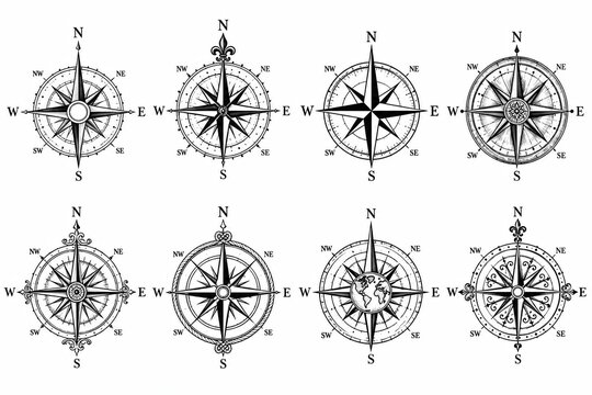 Set of vintage nautical compass rose icons in black on white background