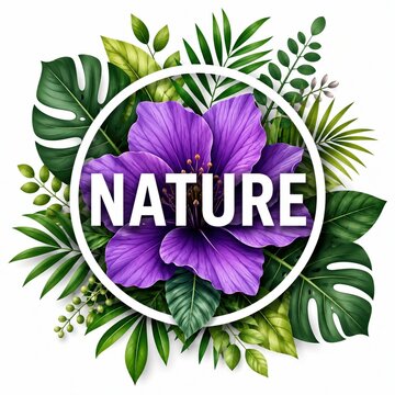 Purple Hibiscus Flower with Tropical Leaves and Nature Text Badge Design