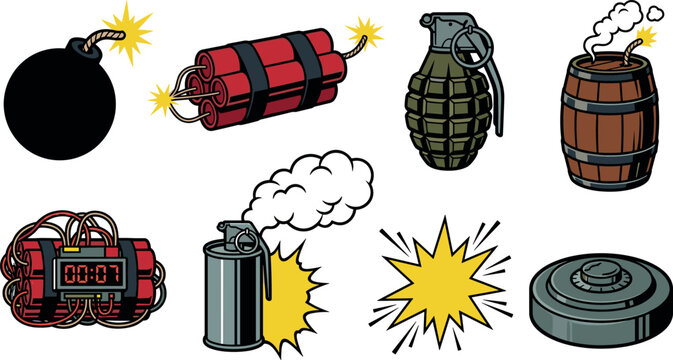 Comprehensive ammunition and demolition color icon collection with landmines smoke grenades and blast effects