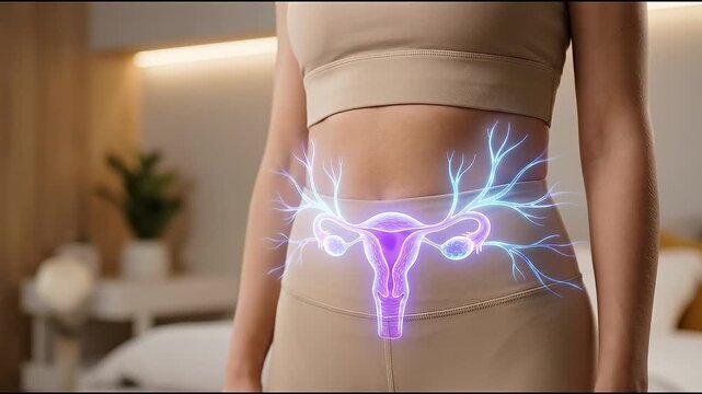 PCOS Hormone Imbalance in Female Abdomen, Glowing Ovarian Reproductive System, Women&rsquo;s Health Awareness, Menstrual Wellness, Endocrine Care, Fertility Education, Compassionate Medical Support