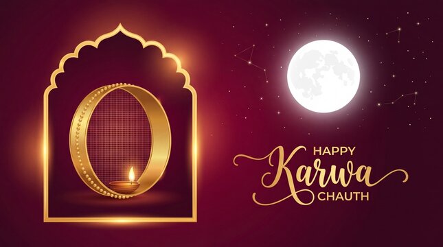 Happy karwa chauth celebration greeting card with golden chalni