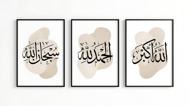 Islamic wall art triptych set. Arabic calligraphy of Subhan Allah, Alhamdulillah, and Allahu Akbar. Modern minimalist posters with beige abstract shapes in black frames on white wall
