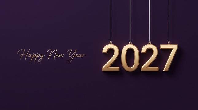 Happy new year 2027 greeting card design with hanging gold metallic numbers on a dark purple background
