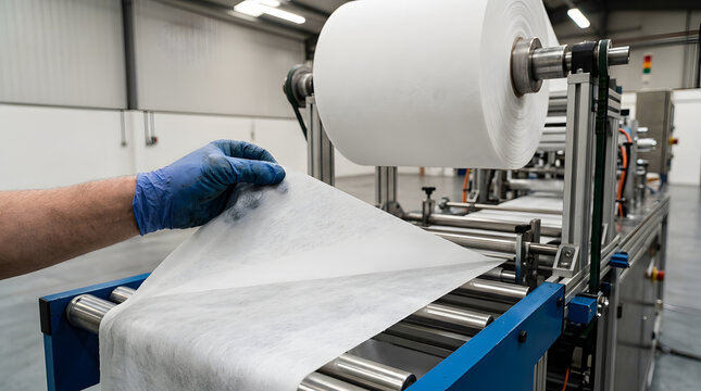 Industrial Non Woven Fabric Roll Manufacturing Line Inspection | Worker Inspecting White Synthetic Nonwoven Material Roll on Machine | Nonwoven Fabric Roll Production Line in Factory Facility 