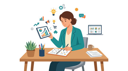 Fototapeta premium A professional businesswoman holds a tablet and writes notes at her desk surrounded by colorful business icons.