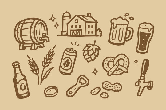 Beer Brewery Doodle Set Vector Illustration