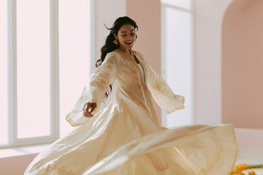 Joyful Woman Twirling in Off-White Anarkali Indian Dress. Elegant Woman Spinning in Traditional Ivory Anarkali Suit. Happy Woman Posing in Cream Embroidered Anarkali Gown.