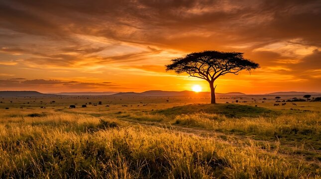 Stunning sunset over the african savanna with a lonely acacia tree silhouetted against a vibrant orange sky