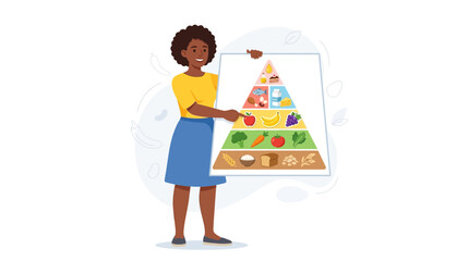 Smiling woman presents a vibrant food pyramid illustrating healthy eating principles and balanced nutrition with various food groups.