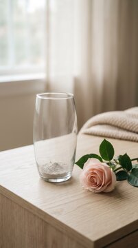 Empty glass vase with ash and pink rose on wooden table by window. Minimal home interior mourning concept. Remembrance and grief after loss, funeral sympathy background with copy space