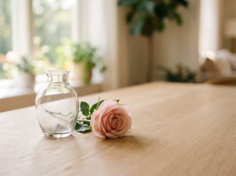 Single pink rose lying next to small glass urn with ashes on wooden table. Mourning and remembrance concept for memorial and funeral tribute.