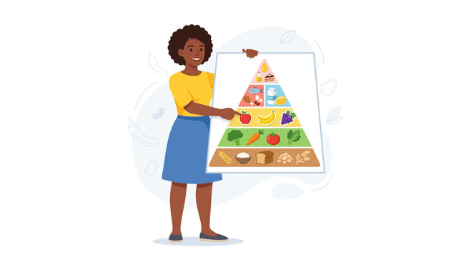 Smiling woman presents a vibrant food pyramid illustrating healthy eating principles and balanced nutrition with various food groups.