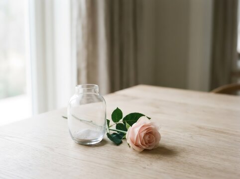 Single pink rose lying on wooden table next to empty glass vase by window. Minimalist home decor and romantic still life. Love and tranquility concept for greeting card background with natural light