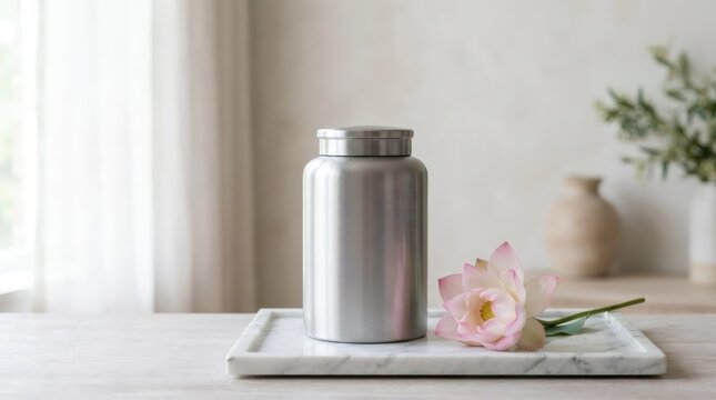 Silver metal cremation urn on marble tray with pink lotus flower. Memorial and remembrance concept for funeral service and mourning