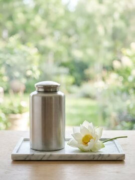 Metal cremation urn with white lotus flower on marble tray on wooden table. Funeral memorial and remembrance concept with serene garden background. Grief and farewell ceremony symbol