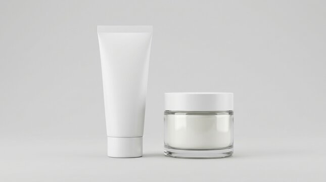 White cosmetic tube and glass jar mockup. Clean 3D render of a blank white plastic cosmetic squeeze tube and clear glass jar with white lid set against a smooth gray studio background for branding
