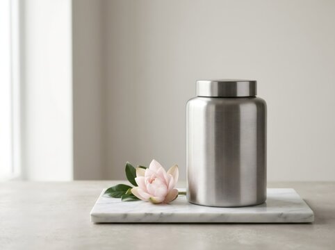 Metallic cremation urn on marble slab with pink lotus flower in bright minimal interior. Memorial and grief concept with serene remembrance decor for funeral tribute