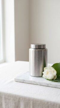 Metal cremation urn on marble board with white lotus flower. Memorial and grief concept with serene minimalist setting for remembrance and funeral ceremony