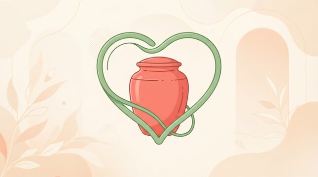 Red cremation urn inside green heart line illustration. Memory love and grief concept for funeral memorial service and bereavement support. Minimal remembrance background for obituary