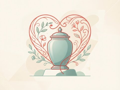 Decorative cremation urn inside heart shaped floral frame. Memorial keepsake and grief remembrance symbol. Funeral service tribute and eternal love concept for obituary design
