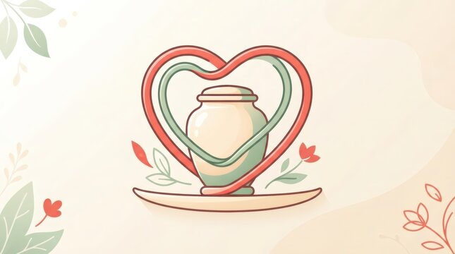 Illustration of cremation urn inside intertwined heart shape with floral decoration. Love, memory and remembrance concept. Funeral memorial banner for sympathy and condolence
