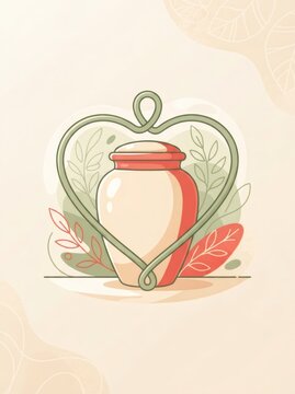Cremation urn inside heart shaped frame with botanical leaf decoration. Memorial and remembrance concept for funeral service, grief support and farewell tribute background