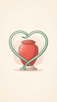 Red cremation urn inside green heart outline. Memorial and remembrance symbol for grief support and eternal love. Funeral service concept for obituary and condolence card