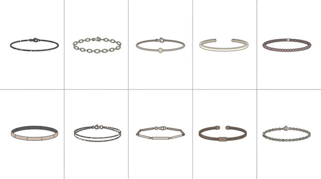 Assortment of delicate bracelets arranged in a grid with clean white background vector illustration