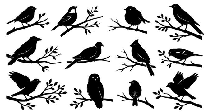 Birds on Tree Branches Black Silhouette Vector Set with Twelve Perched Bird Poses