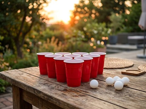 Red plastic cups for beer pong game on a wooden table outdoors during a sunny summer afternoon party. bierpong